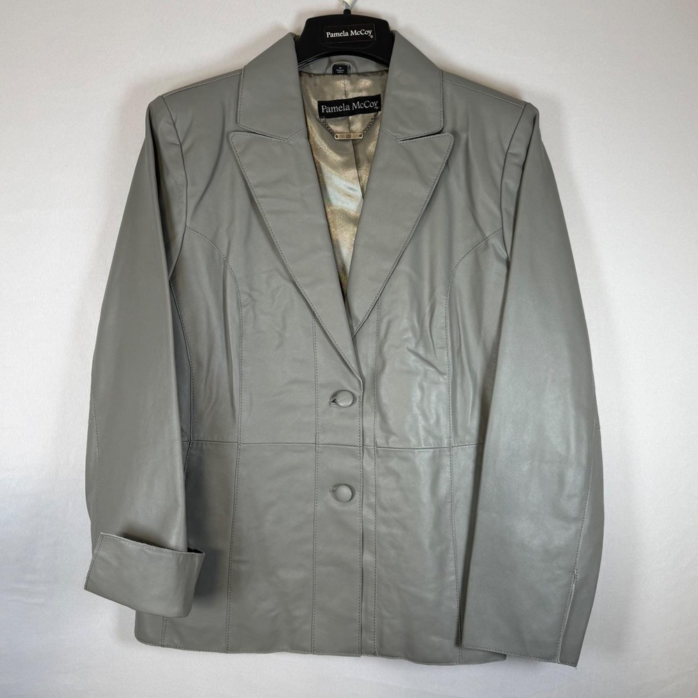 Pamela McCoy Genuine Leather Blazer Jacket Gray Button Front Women's Size M
